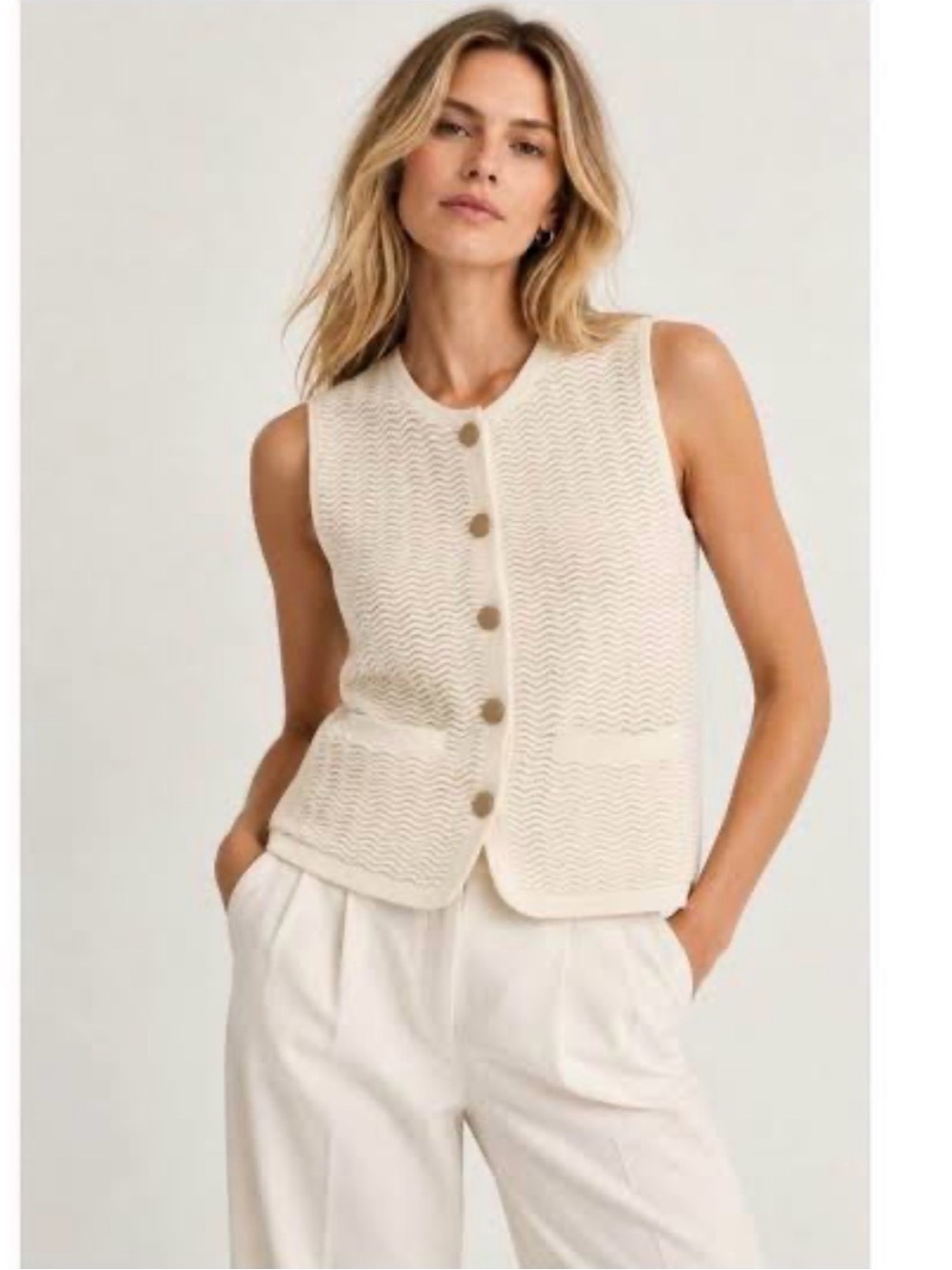 rag & bone Vivi Knit Button-Up Sleeveless Vest, Sizes S, M, Color Chalk/Ivory